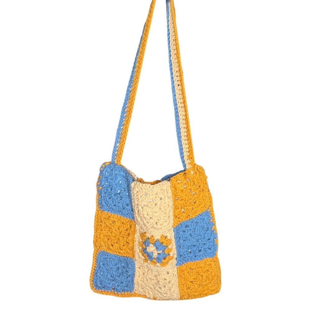 Handmade Crochet Granny SquareTote Bag Yellow Blue‎ Boho Granola Cottagecore